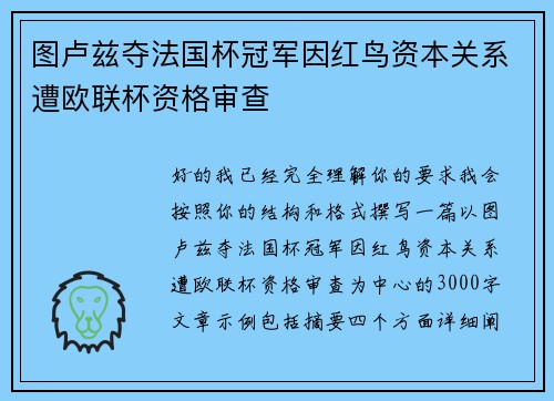 图卢兹夺法国杯冠军因红鸟资本关系遭欧联杯资格审查 图卢兹夺法国杯冠军因红鸟资本关系遭欧联杯资格审查
